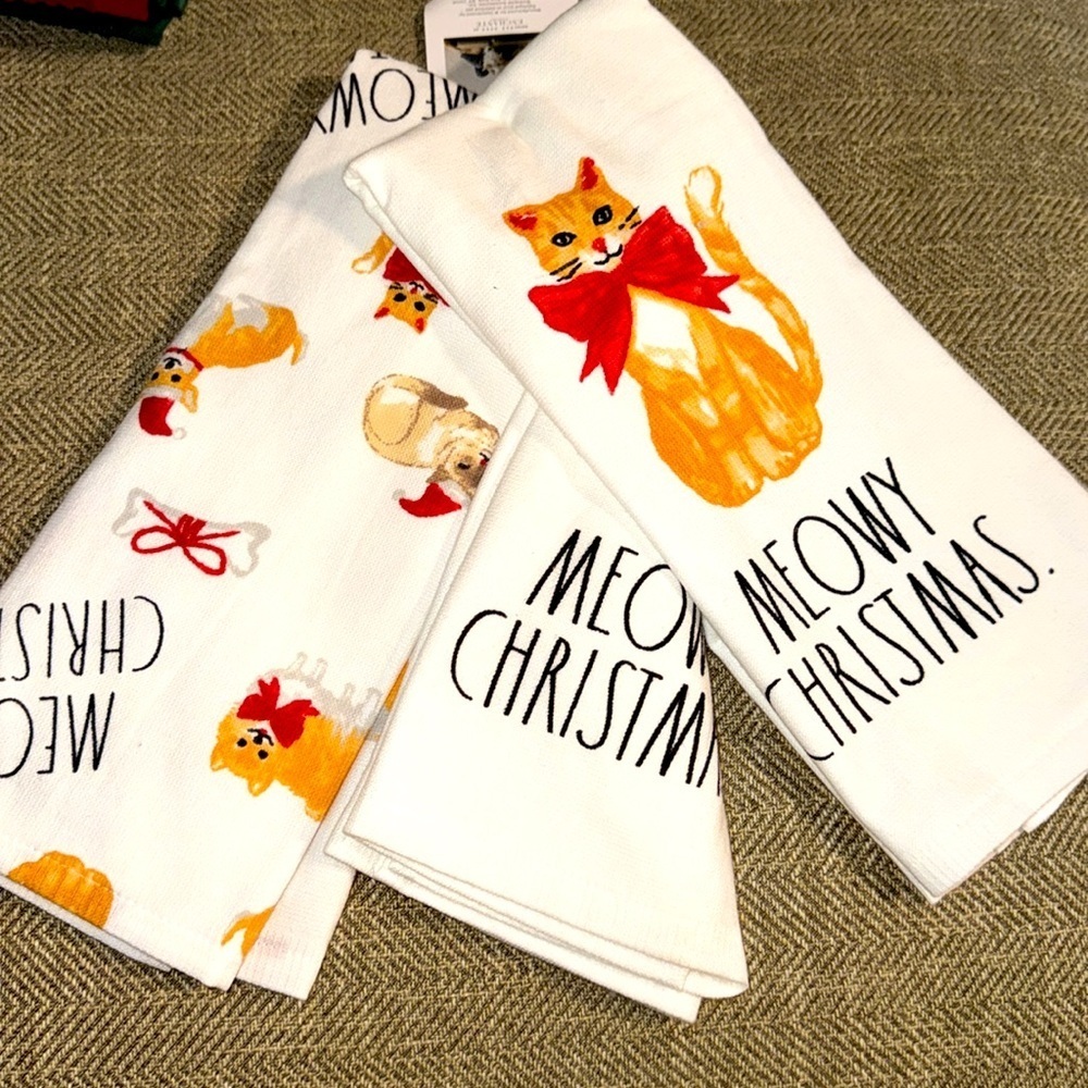 NWT Rae Dunn Meowy Christmas Cats Kitchen Cotton Towels Set of 3 16x26 Christmas